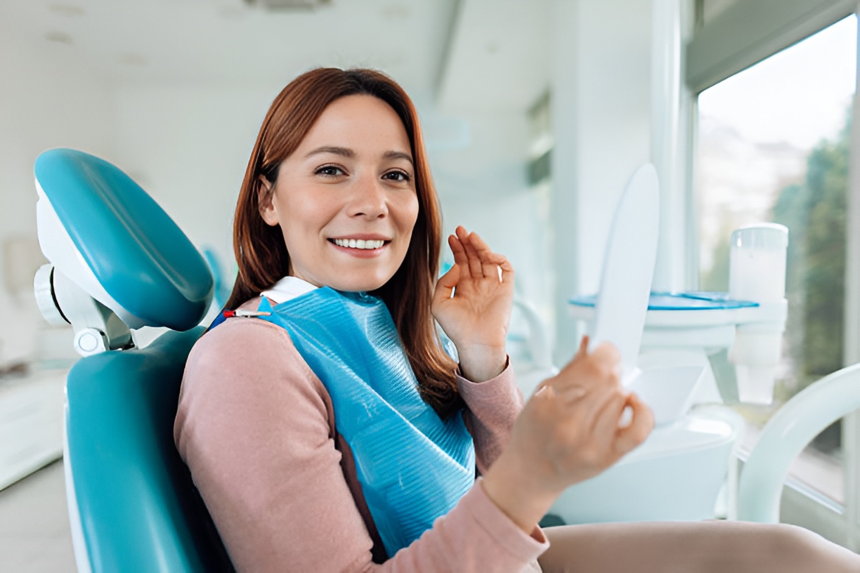 smiling woman sitting on a dental chair